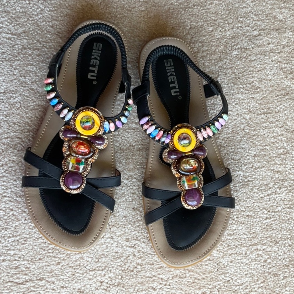 Black Beaded Sandals with Multicolor Embellishments